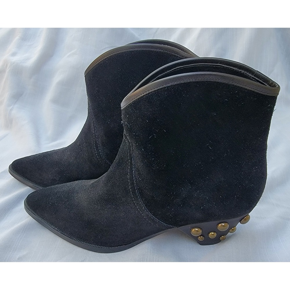 Marc Fisher LTD Black Suede Studded Heel Western Ankle Boots Pointed Toe 6.5M